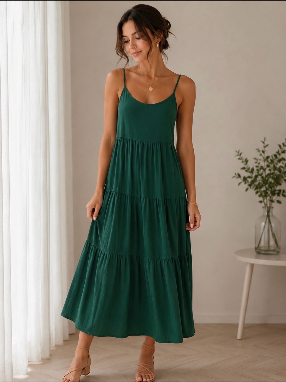Women's Emerald Green Tiered Midi Dress - Sleeveless Spaghetti Straps